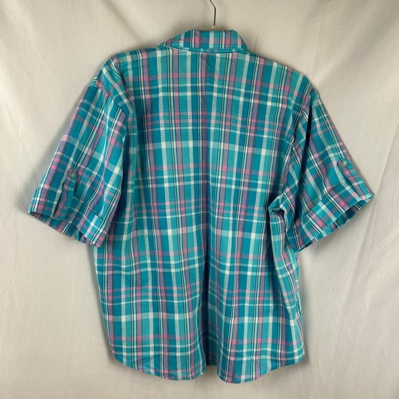 Vintage 90s High Style Plaid Shirt Women XL Blue Pink Button Front Grandma Retro - Picture 6 of 8